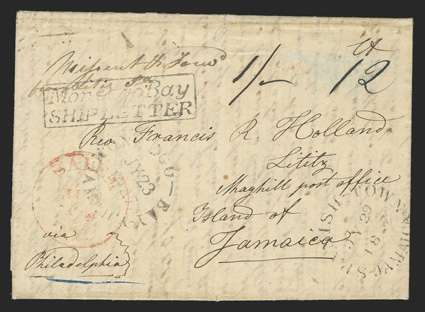 Montego BaySHIP LETTER, mostly clear boxed handstamp on 1847 folded letter from Salem, North Carolina to May Hill, red Salem, N.C. datestamp and 12 rate, Montego BayJamaicaJy
23, 1847 arrival datestamp and 1- rate, Spanish-TownJamaica