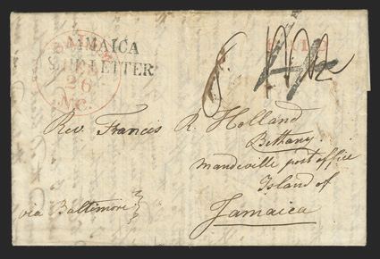 JAMAICASHIP LETTER, mostly clear two-line straightline handstamp (Foster Ty. SL5) on 1849 folded letter from Salem, North Carolina to Mandeville, red Salem, N.C.Feb 26
datestamp, matching straightline PAID and manuscript via Baltimore dir