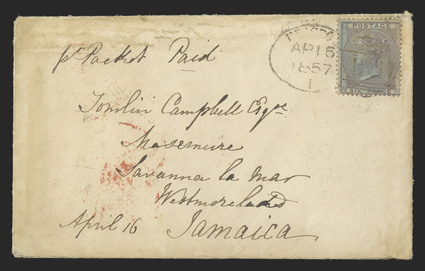 Great Britain S.G. 70a, 1856 6d Pale lilac on azure paper, tied to cover to Savannah la Mar, Jamaica by BristolAp 16, 1857 spoon cancel, red London transit and Kingston
backstamps, as well as an undated split circle Willisbridge transit, fi