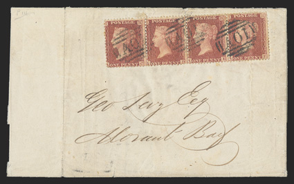 S.G. Z2, 1857 1d Rose-red, perf. 14, horizontal strip of four, cancelled by three clear strikes of A01 Ty. Z1 obliterator to folded cover to Morant Bay, reverse with
Kingston-JamaicaMy 7, 60 postmark and split circle Morant BayJamaicaMy