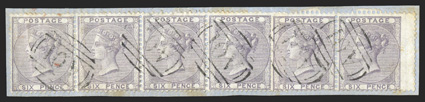 S.G. Z5, 1856 6d Lilac, right wing-margin horizontal pair and horizontal strip of four on small piece cancelled by five strikes of A01 obliterator Ty. Z1 of Kingston, left
pair with light vertical creases, otherwise very fine (Scott A4 $360.