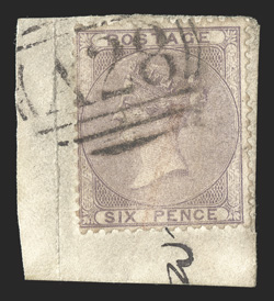 S.G. Z22, 1856 6d Lilac, tied to piece by neat strike of A28 obliterator of Annotto Bay, fine (Scott A20 $425.00).