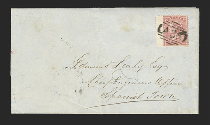 S.G. Z45, 1857 4d Rose, left wing-margin single cancelled by A36 obliterator on fresh folded letter to Spanish Town, reverse with well struck rimless Dry HarbourDe 9 1859
datestamp and Spanish Town arrival postmarks of Dec 9th and 10th, ver