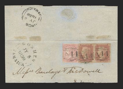 S.G. Z72-Z73, 1857 1d Rose-red and 4c Rose, horizontal pair of former and single of latter, tied by three clear strikes of A44 obliterator to top half of Barclays & McDowell
correspondence cover, clear matching GoshenJamaicaJy 5, 1859 spli