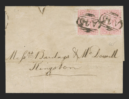 S.G. Z76, 1857 4d Rose, two singles tied by A45 obliterator of Grange Hill to Barclays & McDowell correspondence folded cover to Kingston, Kingston-JamaicaJy 27, 59 arrival
backstamp, cover refolded at left to conceal ink erosion hole, fine