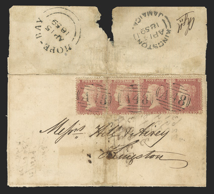 S.G. Z85, 1857 1d Rose-red, horizontal strip of four cancelled by three strikes of A48 obliterator to folded letter to Kingston, reverse with bold Hope-BayAp 15, 1859
datestamp and KingstonJamaicaAp 15, 1859 arrival postmark, cover with