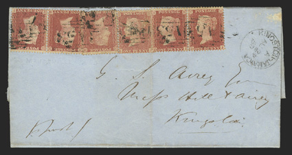 S.G. Z97, 1857 1d Rose-red, two horizontal pairs and two singles, tied by multiple strikes of A53 obliterator to fresh folded letter to Kingston, reverse with clear
MandevilleJamaicaAu 23, 1859 origin postmark and Kingston-JamaicaAu 24,