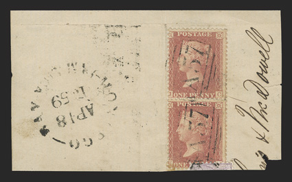 S.G. Z109, 1857 1d Rose-red, vertical pair tied to large piece by two strikes of A57 obliterator, rimless Montego-BayJamaicaAp 18, 1859 datestamp alongside, very fine (Scott
A105 $580.00).
