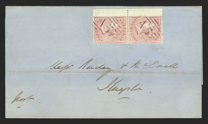 S.G. Z110, 1857 4d Rose, left wing-margin vertical pair, tied by two strikes of A57 obliterator to fresh Barclay & McDowell correspondence folded cover to Kingston, reverse
with partial rimless Montego-BayJamaicaMy 6, 1859 datestamp and K