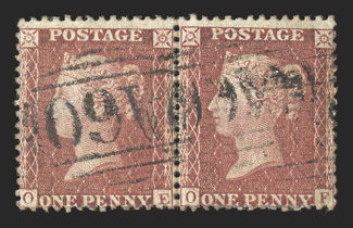 S.G. Z119, 1857 1d Rose-red, horizontal pair, cancelled by two strikes of A60 obliterator of Ochos Rios, very fine and very rare listed by Stanley Gibbons, but not priced
(Scott A115 not priced).