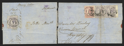 S.G. Z123-Z124, 1857 4d Rose and 1856 6d Lilac, single of former and right wing-margin horizontal pair of latter, tied by three strikes of A61 obliterator of Old Harbour to
right half of 1859 folded money letter to Kingston, reading in par