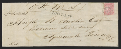S.G. Z126, 1857 4d Rose, tied to legal-sized official cover to Spanish Town with manuscript O.H.M.S. by A62 obliterator and bearing straightline TOO LATE handstamp, reverse
with rimless Plantation Garden RiverJu 28, 1859 postmark an