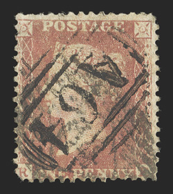 S.G. Z131, 1857 1d Rose-red, with bold A64 obliterator of Port Antonio struck over another postmark in a different colored ink, fine and scarce (Scott A124
$575.00).