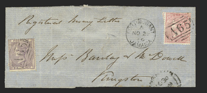 S.G. Z135-Z136, 1857 4d Rose and 1856 6d Lilac, tied by separate strikes of A65 obliterator to folded Barclay & McDowell correspondence registered money letter to Kingston,
clear Port MorantJamaicaNo 29, 59 datestamp and partial Kingst