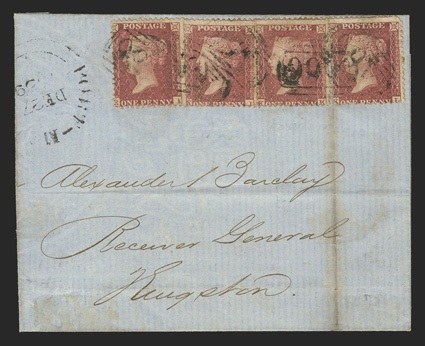 S.G. Z137, 1857 1d Rose-red, four singles tied to each other and to folded cover to Kingston by four strikes of A66 obliterator, with split circle Port MariaDe 27, 1859
datestamp alongside, KingstonDe 28, 1859 arrival backstamp, cover re