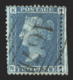 S.G. Z140a, 1858 2d Blue, Plate 9, with clear and complete strike of A67 obliterator of Port Royal, centered to right and scissor separated at right leaving perforations
intact, reperforated at left not noted on the certificate, fine appearanc