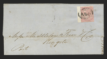 S.G. Z144, 1857 1d Rose, left wing-margin single cancelled by A68 obliterator on fresh folded letter to Kingston, reverse with PorusDe 2, 1859 datestamp and split circle
KingstonJamaicaDe 3, 1859 arrival postmark, very fine (Scott A138