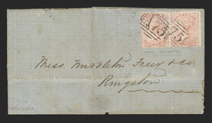 S.G. Z166 var., 1857 4d Rose, watermark inverted, horizontal pair tied by two clear strikes of A75 obliterator to folded letter to Kingston, reverse with rimless
Savannah-La-MarJamaicaMy 19, 1859 datestamp and KingstonJamaicaMy 21, 1859