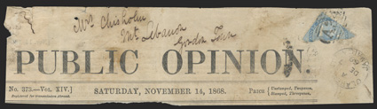 S.G. 1d, 1d Pale blue, bisected, the lower left diagonal half tied across the bisect by A34 numeral obliterator to dateline portion of Public Opinion newspaper dated Saturday,
November 14, 1868 to Gordon Town, matching ClaremontJamaicaD