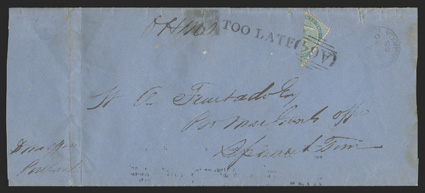 S.G. 1d, 1d Pale blue, bisected, the lower left diagonal half tied across the bisect to cover to Spanish Town by A64 obliterator, matching partial Port-AntonioJa 28, 68
datestamp on reverse, manuscript OHMS and straightline TOO LATE han