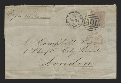 S.G. 5, 1860 6d Dull lilac, left wing margin single tied to folded letter to London by bold strike of KingstonJamaicaNo 24, 6 with AO1 Ty. Z2 duplex postmark, red London.
E.C.PaidDe 18, 60 arrival postmark repeated on reverse, several