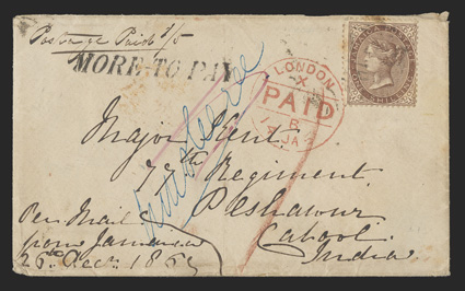 S.G. 6a, 1860 1- Purple-brown, tied by faint A43 obliterator to cover to Peshawur, India, matching Gordon-TownDe 23, 67 postmark on reverse, manuscript Postage Paid 15 at
upper left and straightline MORE-TO-PAY handstamp (Fost