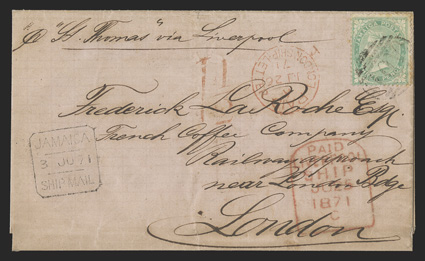 S.G. 10, 1870 3d Green, tied by A01 obliterator to folded cover to London, matching KingstonJamaicaJu 2, 71 postmark on reverse, manuscript p St Thomas via Liverpool
directive, boxed Jamaica3 Ju 71Ship Mail handstamp (Foster Ty. SL