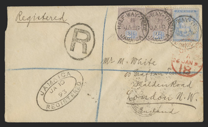 S.G. 29, F4, 1891 2½d Dull purple and blue and 1857 1½d Blue on blue Postal Fiscal, two singles of former, all tied by three clear strikes of Half-Way-TreeJamaicaJa 10, 91
datestamps to registered cover to London, R in oval and JamaicaRe