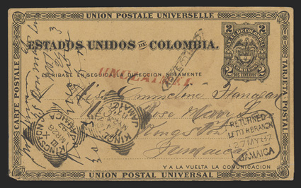 UNCLAIMED, red straightline handstamp on 2c Black postal card of Colombia, also showing boxed ADVERTISED and boxed ReturnedLetter Branch27 My 87Jamaica handstamps and two
Kingston squared circle arrival postmarks, very fine ex-Swarbrick