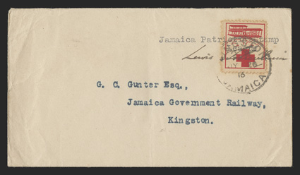1915 (½d) Red Cross label, tied by KingstonJamaicaJy 26, 16 datestamp to official cover to the Jamaica Government Railway, with typed Jamaica Patriotic StampLeague also typing
the stamp as well as the manuscript endorsement of Lewis Ashenh