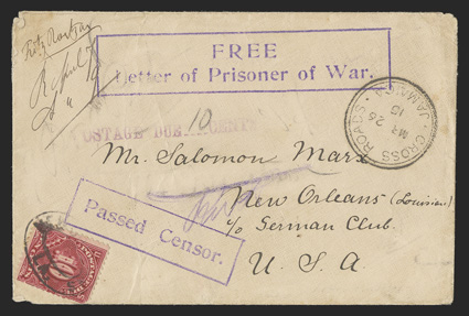 FREELetter of Prisoner of War, large violet boxed handstamp and matching boxed Passed Censor. handstamp on cover to New Orleans, clear double circle Cross RoadsJamaicaMr 26,
15 datestamp, reverse with large violet boxed Answer to be addre