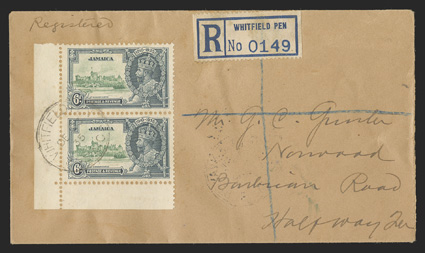 S.G. 116a, 1935 6d Silver Jubilee, extra flagstaff, the top stamp in a bottom left corner margin vertical pair, cancelled by Whitfield PenDe 23, 35 c.d.s. on registered cover
to Half Way Tree, Whitefield Pen registry etiquette, Half Way Tree