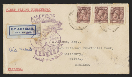 S.G. 110, 1929 9d Maroon, horizontal pair and single, tied by indistinct May 5, 1935 datestamps to Hindenburg flown cover to England, appropriate violet flight cachet and
Frankfurt Hindenburg slogan backstamp, slight toning, otherwise a fine and