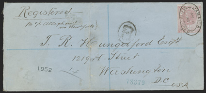 S.G. F7, 1858 1- Rose on bluish, single tied by bold double oval JamaicaRegisteredMy 6, 96 postmark to legal sized registered cover to Washington, D.C., ms. pr ss Alleghany
via New York directive, R in oval handstamp and New York and W