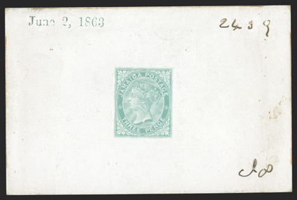 S.G. 3P, 1863 3d Die proof in green on glazed card, 92x60mm, stamped June 2, 1863 and with ms. annotations at right, very fine and attractive ex-Surtees (Scott
3P).