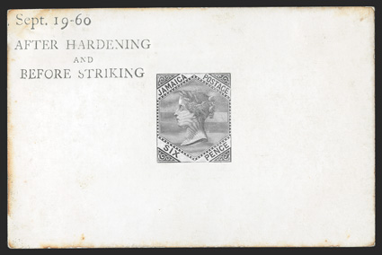 S.G. 5P, 1860 6d Die proof in black on glazed card, 92x60mm, stamped Sept. 19-60 and AFTER HARDENING and BEFORE STRIKING, a little edge toning, otherwise very fine ex-Surtees
(Scott 5P).