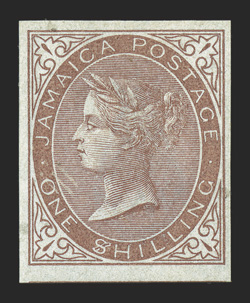 S.G. 6c var., 1860 1- Yellow-brown, $ for S in SHILLING, imperforate imprimatur, without gum, ample to huge margins, strong color on crisp white paper, extremely fine this
variety only occurs once in a sheet of 240 stamps on the second s