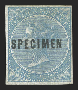 S.G. 1-2s, 4-5s, 1860 1d Blue, 2d Rose, 4d Brown-orange and 6d Dull lilac, imperforate, overprinted SPECIMEN (Samuel Ty. D2), each with ample to large margins, 1d no gum,
others o.g., h.r., 2d small stain spot on gum, otherwise very fine (Scot