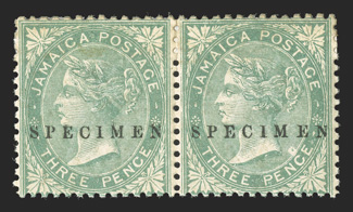S.G. 3s, 1863 3d Green, overprinted SPECIMEN (Samuel Ty. J3), horizontal pair, quite fresh and well centered, o.g., paper h.r., very fine and scarce 1977 RPS certificate
(Scott 3s).