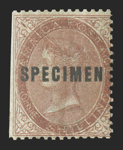 S.G. 6s var., 1860 1- Yellow-brown, double impression, overprinted SPECIMEN (Samuel Ty. D2), s.e at left, full o.g., fine believed to be one of only two examples extant (Scott
6s var.).