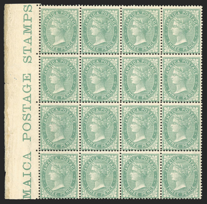 S.G. 3, 1863 3d Green, an impressive left sheet-margin part (JA)MAICA POSTAGE STAMPS imprint mint block of sixteen (4x4), being in a remarkable state of preservation,
uncommonly fresh, bright color, strong and intact perforations, o.g., four s