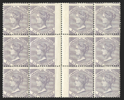 S.G. 5, 1860 6d Dull lilac, a visually striking mint block of twelve (4x3), with vertical interpane gutter margin at center, incredibly fresh, with strong color and fine
impression, crisp and intact, o.g., top stamps very lightly hinged, the bot
