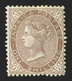 S.G. 6c, 1860 1- Yellow-brown, $ for S in SHILLING, an unused example of this rare stamp, nicely centered, fresh color, tiny thin speck, otherwise very fine this variety only
occurs once in a sheet of 240 stamps on the second stamp in th