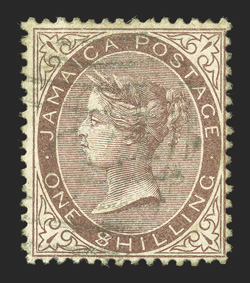 S.G. 6c, 1860 1- Yellow-brown, $ for S in SHILLING, select used single, strong color on fresh paper, lightly cancelled not obscuring the variety, very fine and rare this
variety only occurs once in a sheet of 240 stamps on the second sta