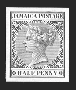 S.G. 7P, 1872 ½d Die proof in black on glazed card cut down to near stamp size, fine and scarce (Scott 13P).