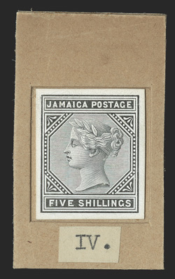 S.G. 15P, 1875 5- Die proof in black on glazed card, cut down to near stamp size and mounted in the sinkage area of a 29x49mm buff card, very fine (Scott 15P).