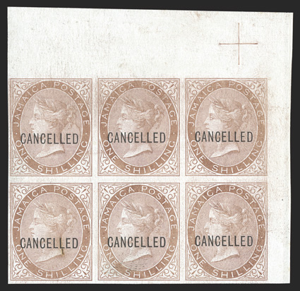 S.G. 7-9P, 11-13P, 1870-73 ½d-2d and 4d-1- Victoria, plate proofs on glazed proof paper overprinted CANCELLED, matched top left corner margin blocks of six, except 1- a top
right corner margin block of six, the ½d-2d and 4d with Current Numb