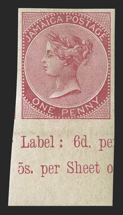 S.G. 18 var., 1885 1d Rose, imperforate, an incredibly handsome bottom sheet-margin part imprint mint single, with oversized margins on the other three sides, brownish o.g.,
light h.r., extremely fine and very rare (Scott 18 var.).