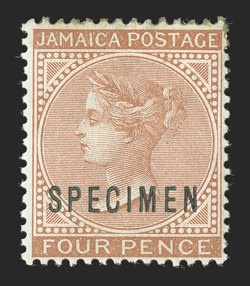S.G. 16s, 18s, 20-22s, 1883-86 ½d Yellow-green, 1d Rose, 2d Grey, 3d Sage-green and 4d Red-orange, overprinted SPECIMEN complete but for the 6d value, brownish o.g., h.r.,
fine-very fine (Scott 16s, 18s, 20-22s).