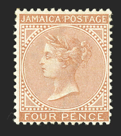 S.G. 22, 1883 4d Red-orange, select mint example, strong distinctive color, o.g., h.r., very fine accompanied by the common Red-brown shade for comparison (Scott 22a
$440.00).